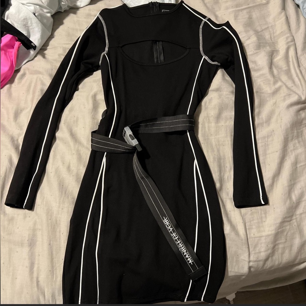 Maniere De Voir Black Long-Sleeve Bodycon Dress with White Piping